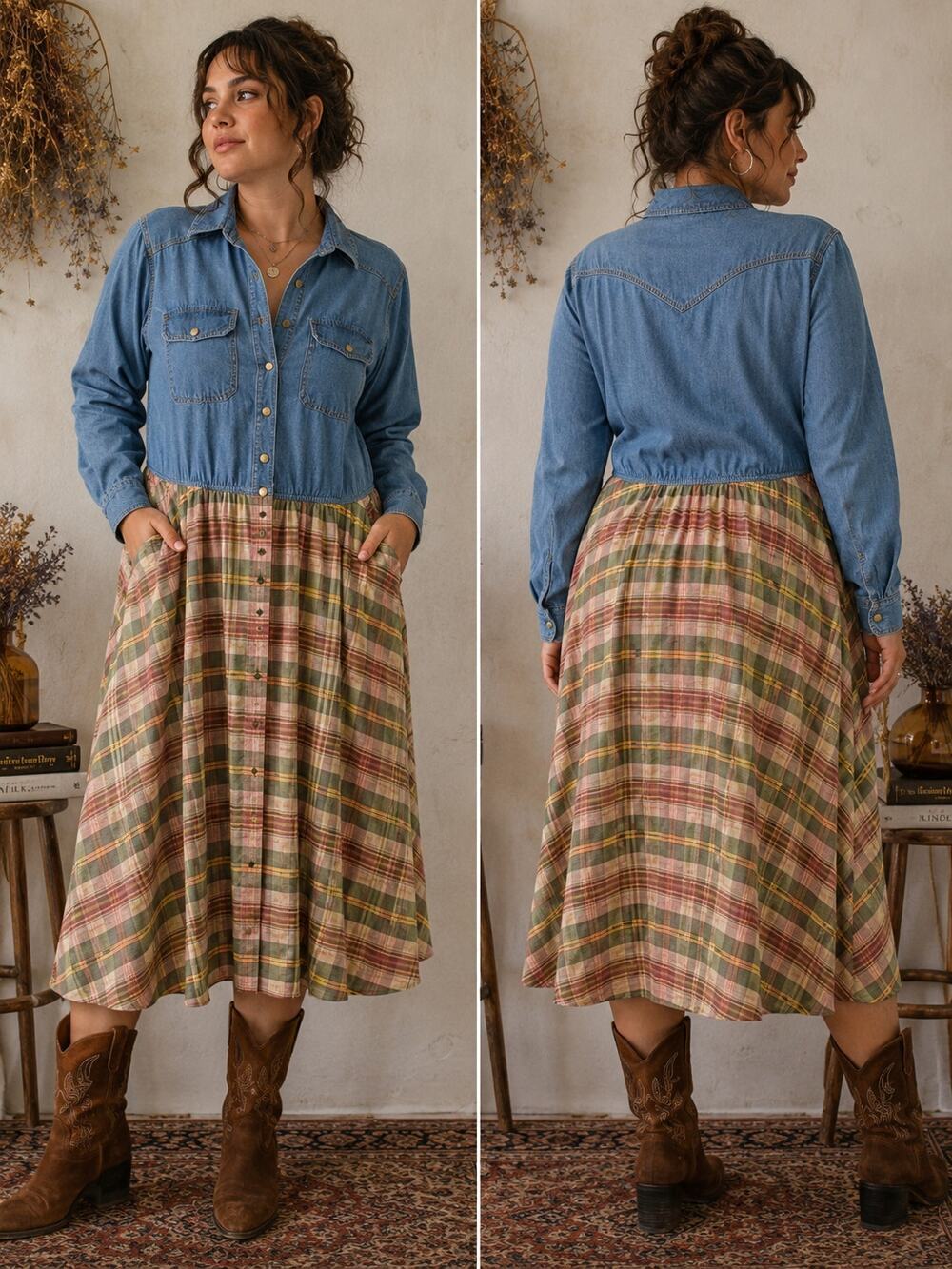 Vintage J.R.T. Denim Plaid Midi Dress Size 14 Western Cottagecore Prairie Button